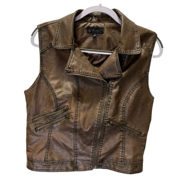 Body C Women's Brown Distressed Faux Leather Biker Moto Vest Jacket L - Picture 4 of 8
